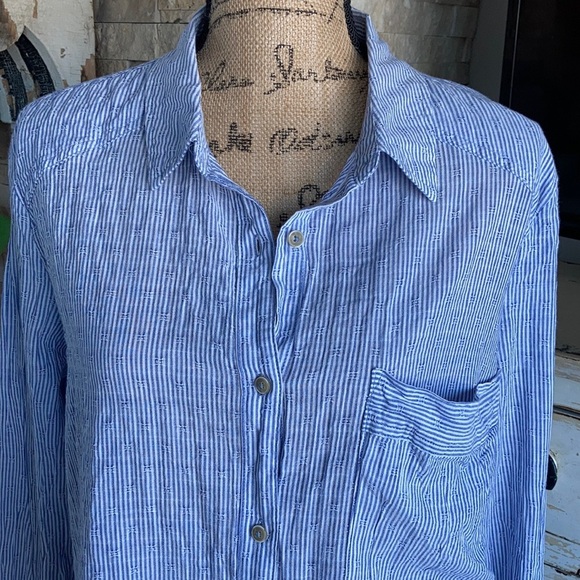 Free People blue white stripe button down split back cotton long sleeve shirt - Picture 3 of 16